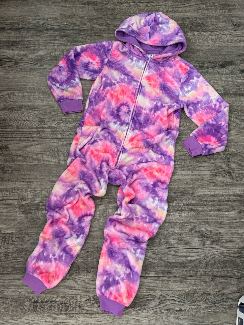 Childrens Place one-piece hooded tie dye print pajamas